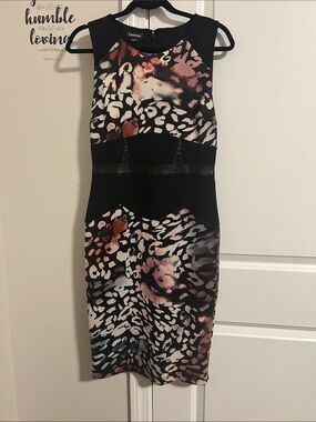 Bebe Black Sheath Dress with Pink and Cream Abstract Print